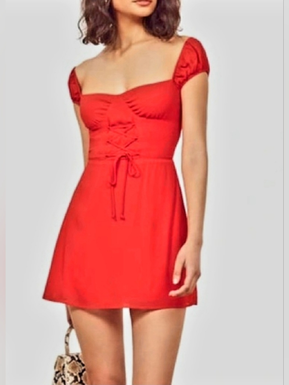 Reformation Red Short Puff-Sleeve Tie-Front Dress